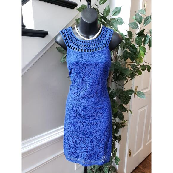 Jessica Howard Shift Dress Women's Size 8 Blue Lined Sleeveless Open Weave Lace - Picture 1 of 12